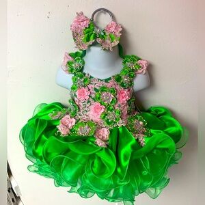 0/3 Months Pink & Green Beaded Corset Cupcake Pageant Dress w/ headband/bow NWT
